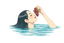 Woman eating grapes in pool